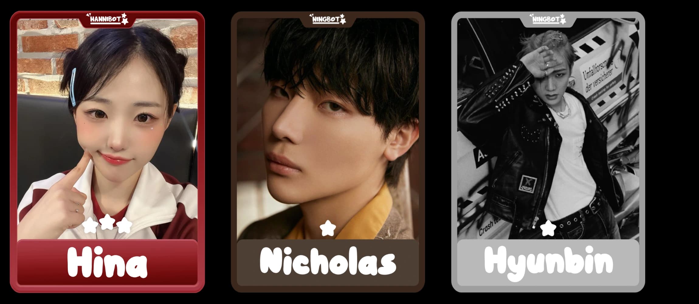Example cards featuring Hina, Nicholas and Hyunbin